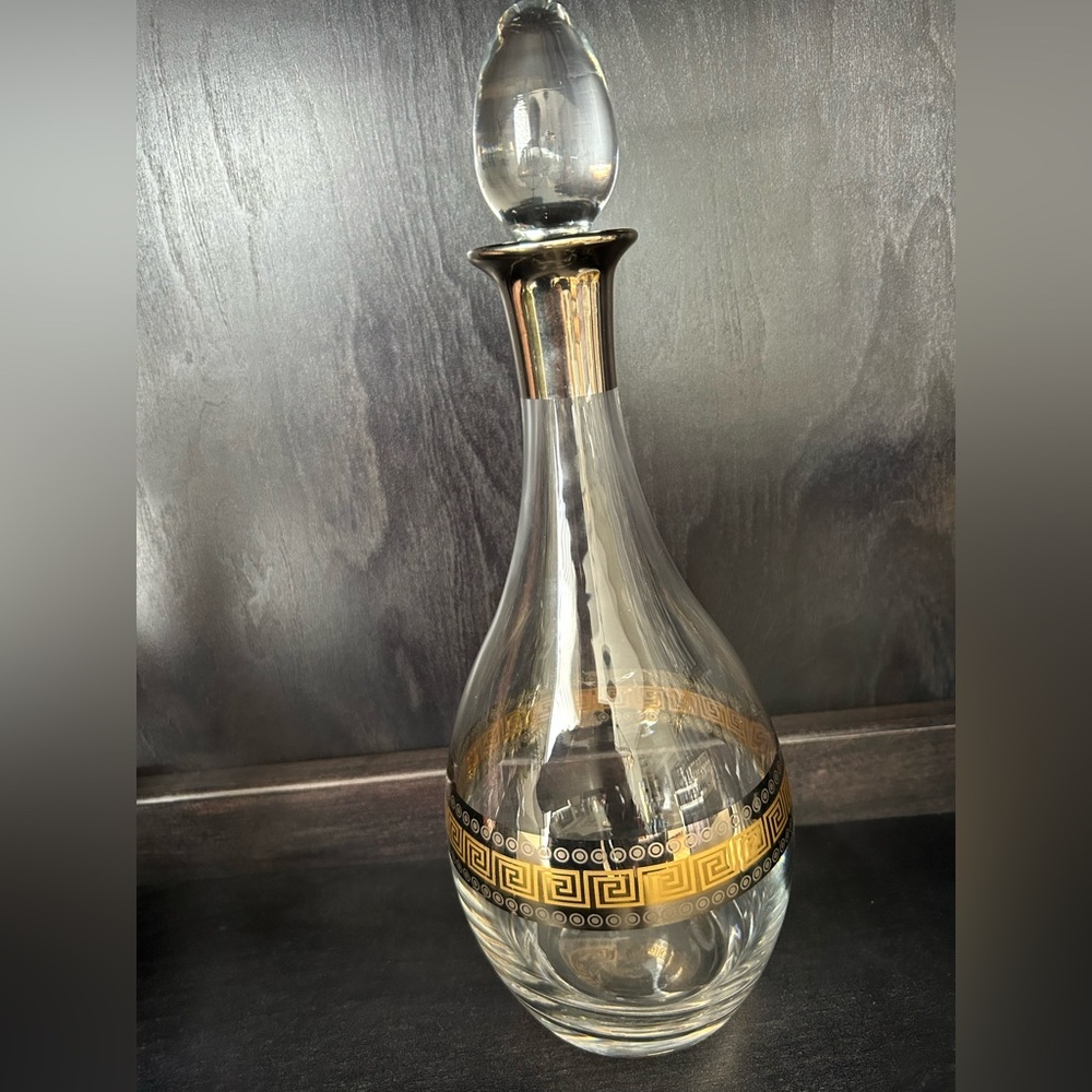 Rare Glass Wine Decanter Greek Key Design Two Tone Metallic detail Barware